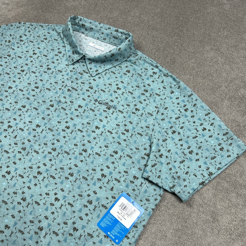 NEW Columbia Polo Shirt Mens XL Thistletown Hills AOP Camping Print Blue Stretch